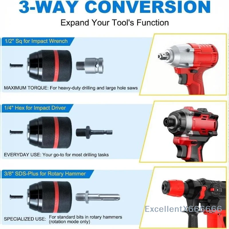 Heavy Duty Drill Chuck Adapter Set Wide Compatibility 1.5-13mm Clamping Range For Home Repair Woodworking Drilling