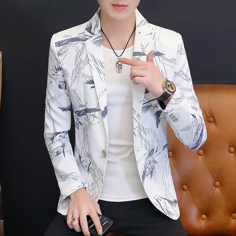 

Faionable Slim Fit Men's Spring Autumn Printed Casual irt Sli Outerwear Haome Korean Version Stand Tailoring