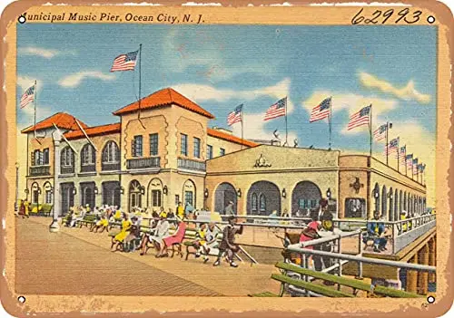 Metal Sign New Jersey Postcard - Municipal Music Pier, Ocean City, N. J. 1 - Vintage Rusty Look