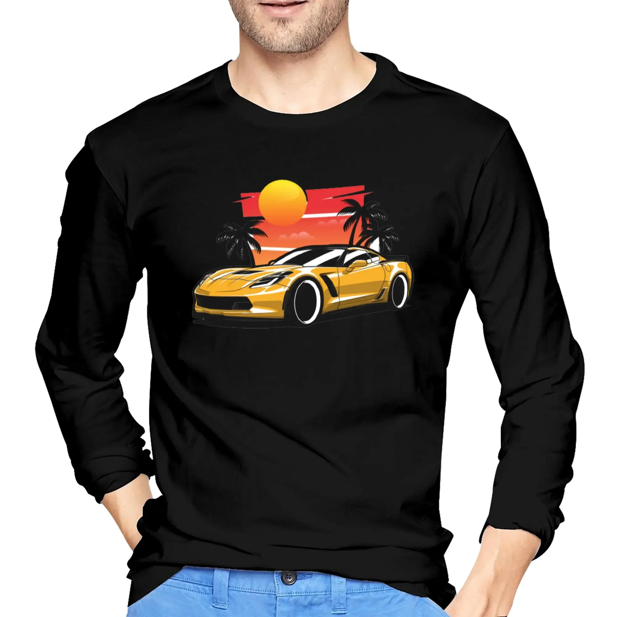 

Yellow Corvette Z06 Sunset Palms Men's Long Sleeved T-shirt Casual Round Neck T shirts Spring and Autumn Men tops