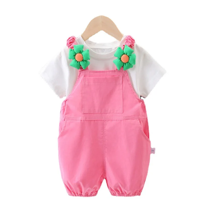 New Summer Baby Clothes Suit Children Girls Cute Short Sleeved T-Shirt Overalls 2Pcs/Sets Toddler Casual Costume Kids Tracksuits