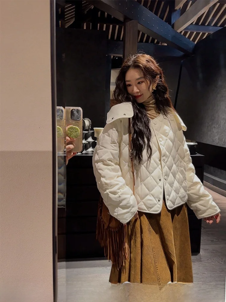 

Sanji Black Flower Autumn Winter Light Thin Diamond Patterned Long Short Puffer Jacket Commute Style Korean Version Coat