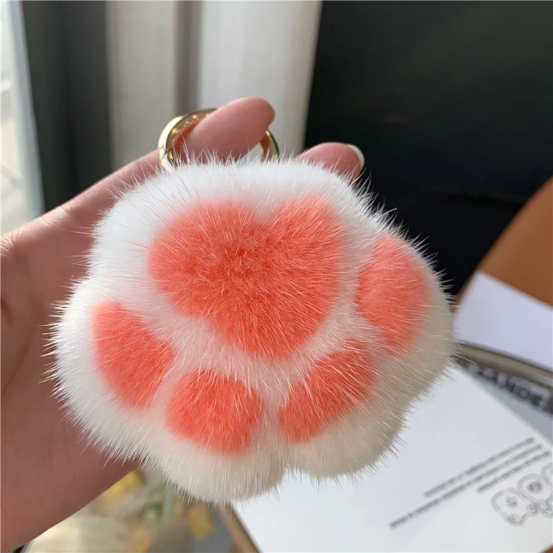 Pendant Keyrings Gift Plush Cute Cat Claw Real Mink Fur Keychain Women Bag Ornaments Small Paw Toy Soft Pom Pom Ball Car Key