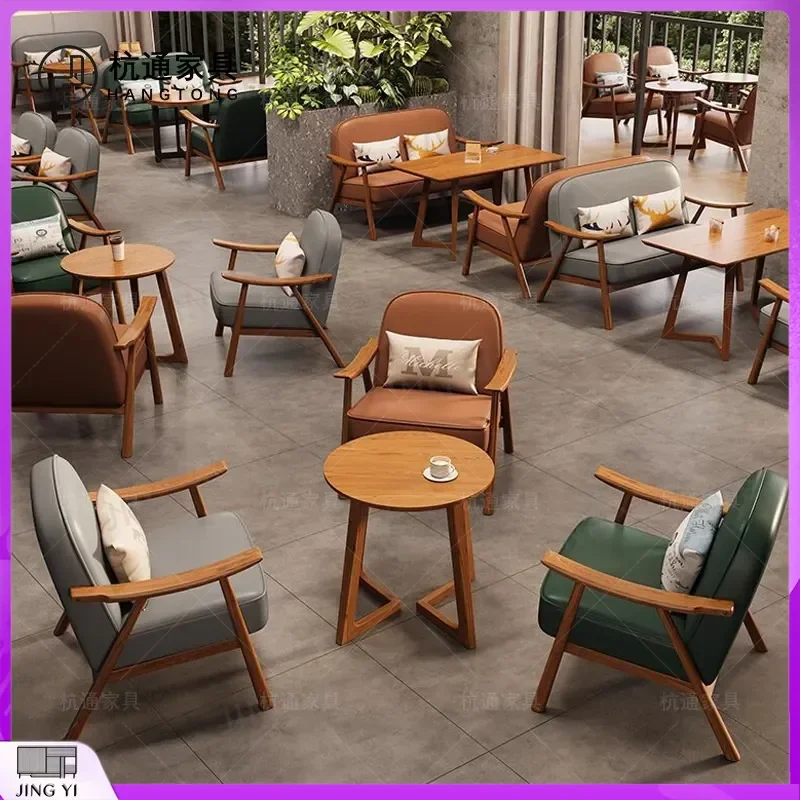 Small Round Solid Wood Cafe Table and Chair Set for Milk Tea Shop Bar Restaurant Reception Area Coffee Shop Furniture