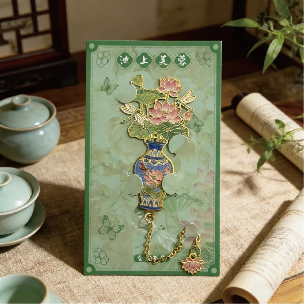 Chinese Design Metal Bookmark Enamel Chain Attachment Flower Book Clip Decorative with Tassel Pendant Vintage Page Marker Office