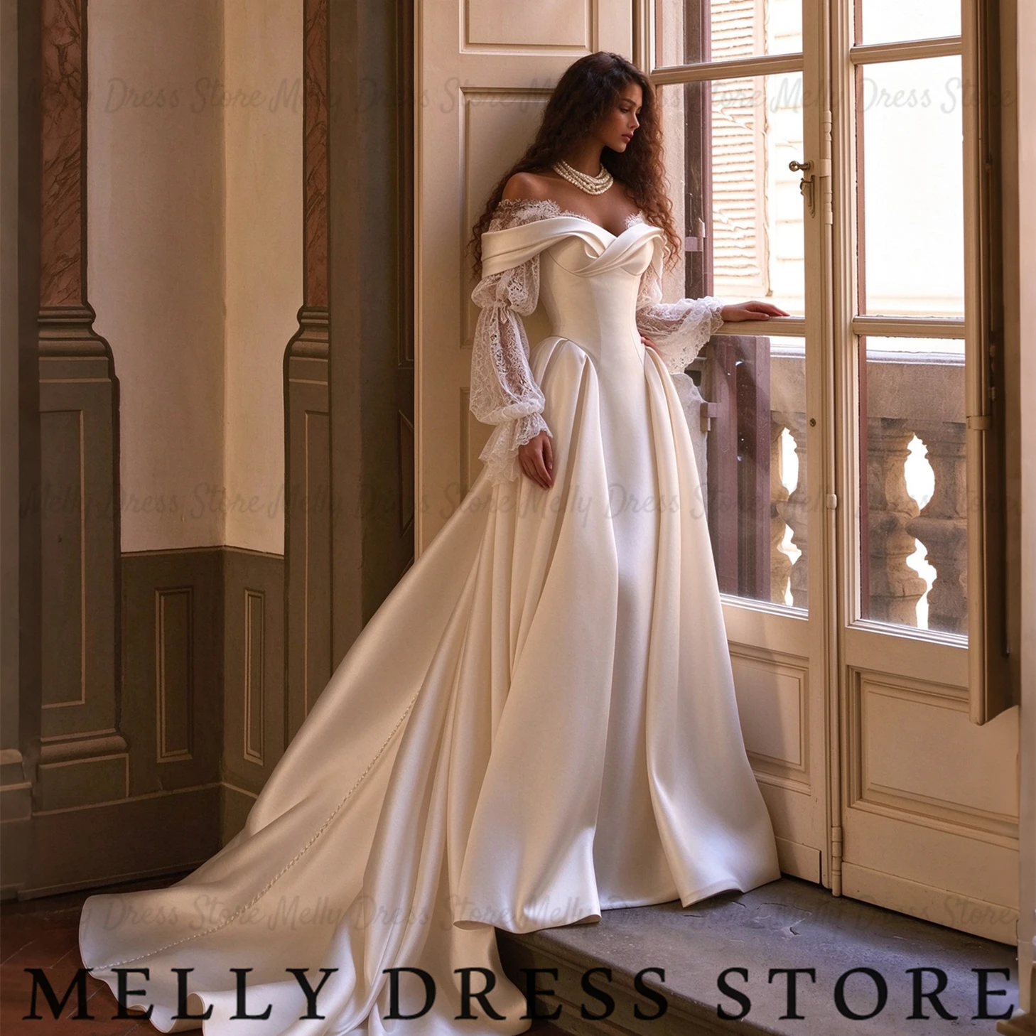 Melly Wedding Dress Princess Off Shoulder Satin amanda novias oficial Detachable Lace Puff Long Sleeves Bridal Gown Customized