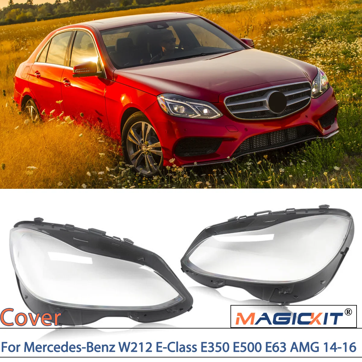 

MAGICKIT Pair Headlight Lens Cover For Mercedes-Benz W212 E-Class E350 E500 E63 AMG 2014-2016 Car Accessorie Clear Polycarbonate