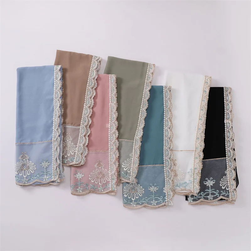 Plain Lace Embroidered Floral  Bubble Chiffon Instant Hijab Shawls Lady High Quality Wrap Beach Bufandas Ramadan Muslim 175*70Cm