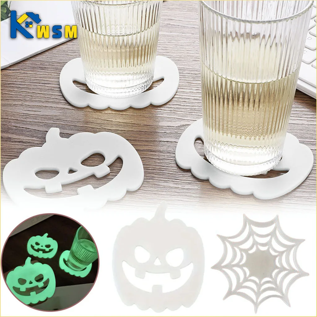 1-20PCS Halloween Silicone Pumpkin Coaster Placemat with Fluorescent Edge for Ghost Festival Party Table Decor Bar Supplies