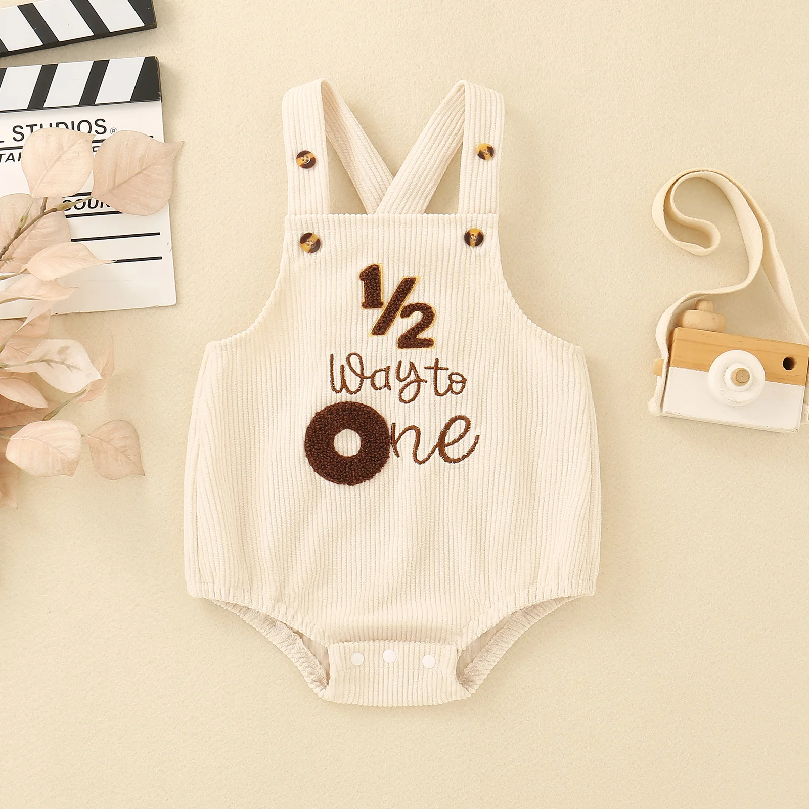 Summer Gender Neutral Half Way To One Baby Overalls Romper Apricot Corduroy Sleeveless Infant Half Birthday Jumpsuit