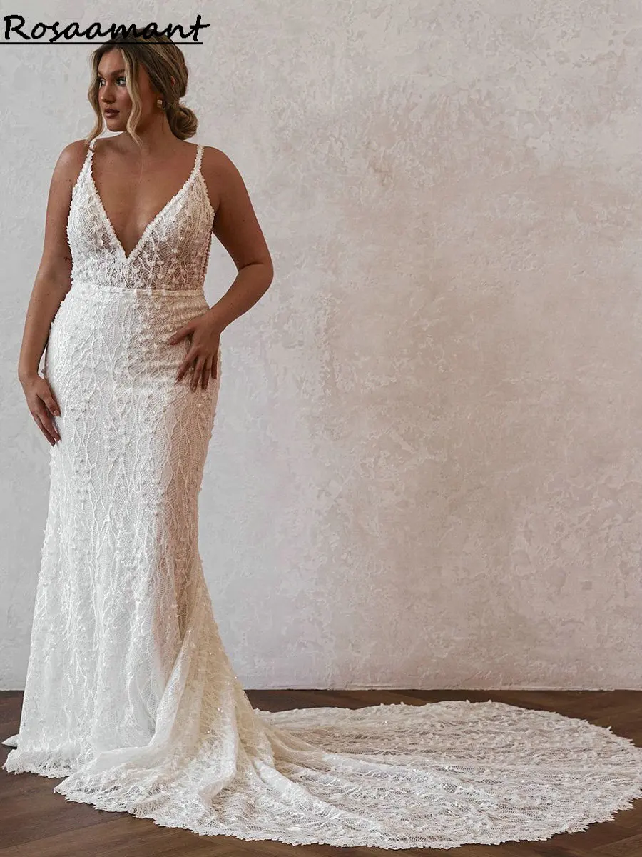 Bohemian Spaghetti Straps Plus Size Mermaid Wedding Dresses Backless 3D Flowers Lace Country Boho Bridal Gowns