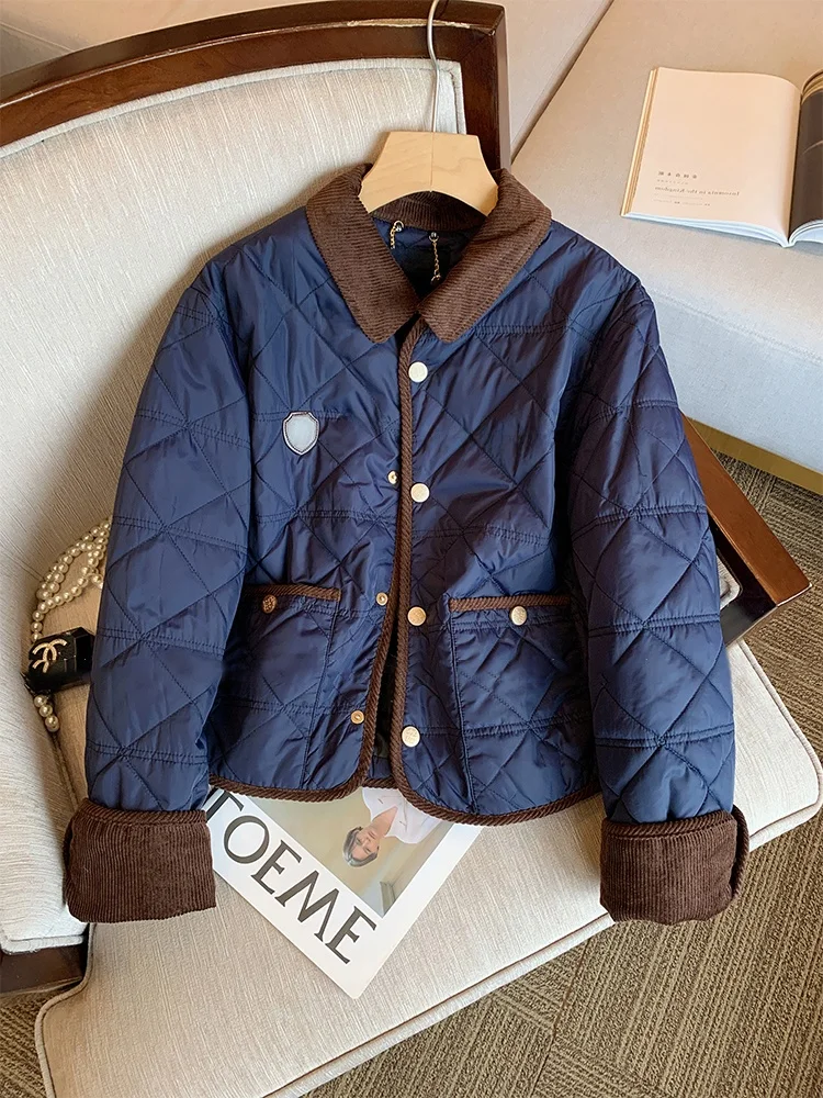 

Хлопковая куртка с воротником-блукой в стиле ретро бирюзового цвета и бриллиантами, женская повседневная модная универсальная хлопковая осенне-зимняя одежда...