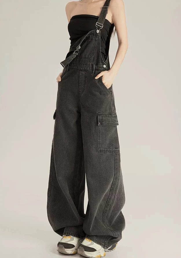 Y2K Vintage Denim Overalls for Women Black Gray Wide Leg Pants Loose Fit Jumpsuit Autumn Workwear