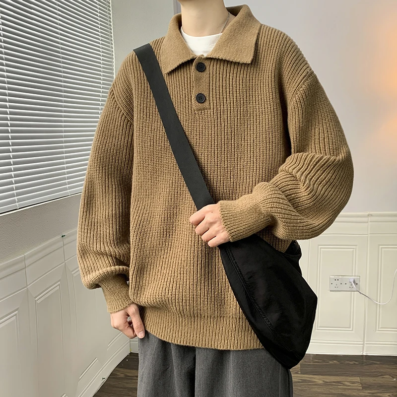 

Thiened Collar Knitted Sweater Men's Faion Brand American Retro Brown Winter Inner Wear Casual Loose Fit Youth Sle