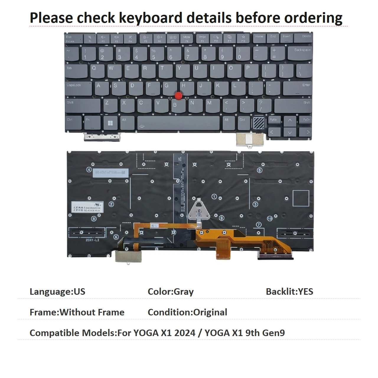 New US Language  Backlit Keyboard For Lenovo Thinkpad YOGA X1 2024 / YOGA X1 9th Gen9 Notebook PC Replacement Keyboard