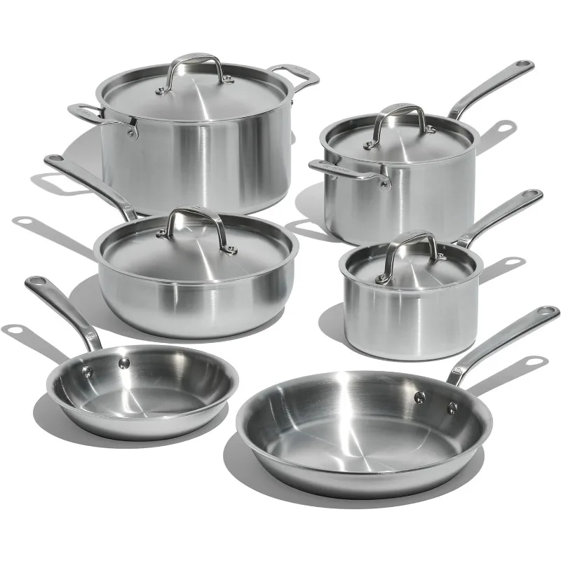 Cookware - 10 Piece Stainless Steel Pot and Pan Set - 5 Ply Clad - Includes Stainless Steel Frying Pans, Saucepans, Saucier