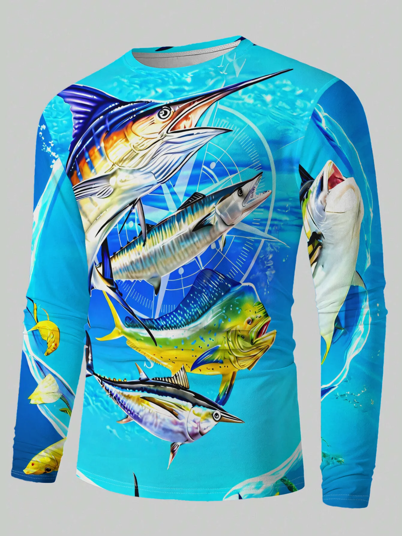 Marlin Mahi Tuna Wahoo Fish Compass Ocean Graphic Long Sleeve T-Shirt Unisex Men Women Round Neck Fishing Sport Tops