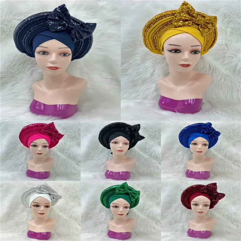 Nigerian gel headgear, with stone bead, already made auto, turban, afro aso ebi gel aso oke, wide brim headgear 18L1072202