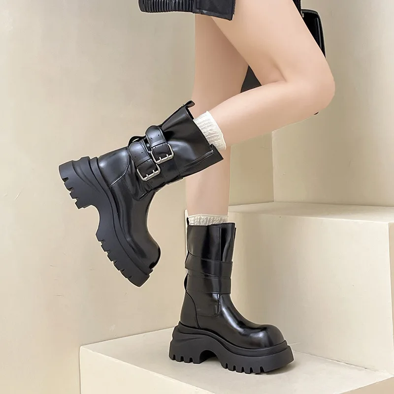 Fashionable Versatile Leather Boots Autumn and Winter British Style Thick Sole Women's Boots Women's Belt Buckle Short Boots New