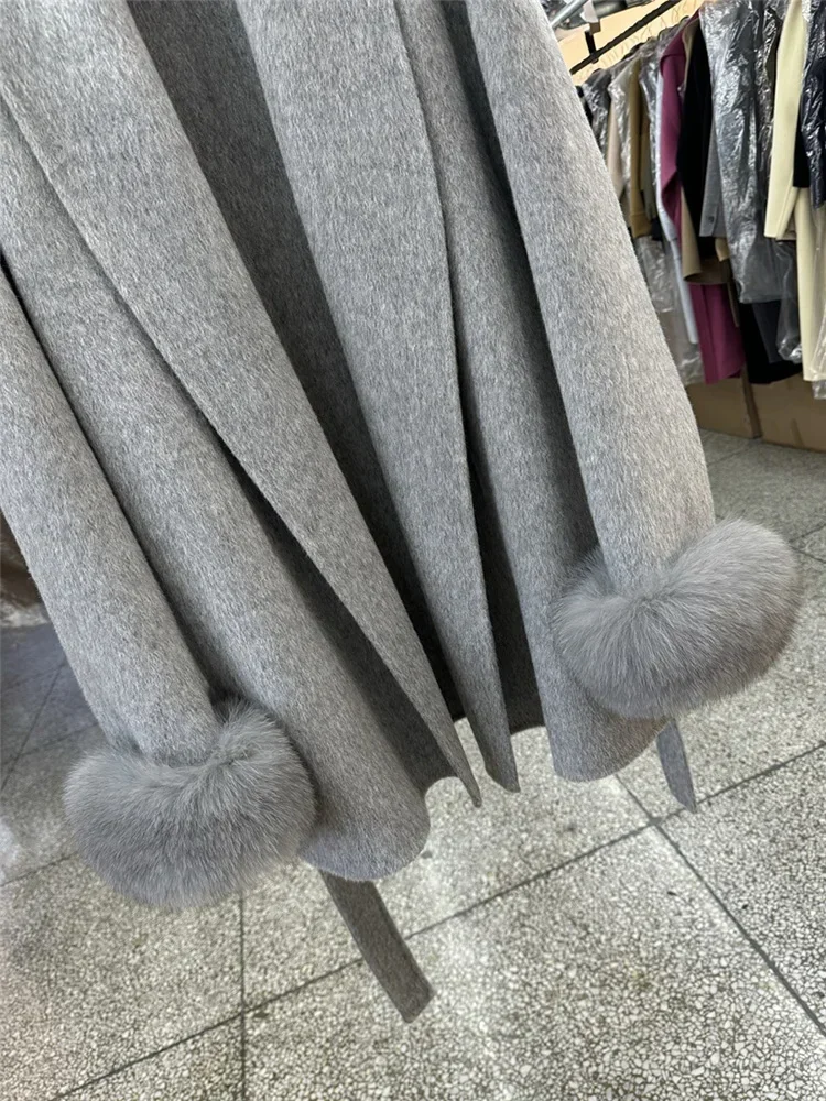 جديد الطبيعية الثعلب الفراء سميكة الوجهين معطف الصوف الإناث قصيرة الخريف الشتاء فضفاض الدانتيل متابعة المعاطف الصوفية النساء معاطف الموضة