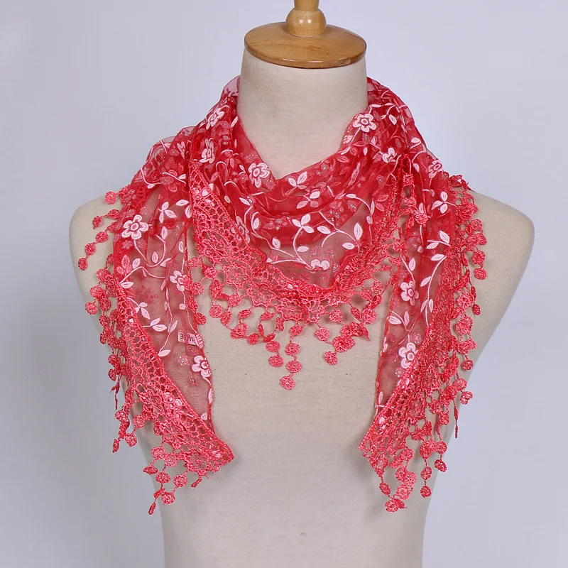 Blumenspitze Dreieckiger Seidenschal mit Quasten Damen Casual Transparenter Atmungsaktiver Schal Sonnenschutz Hijab Halstuch Stirnband