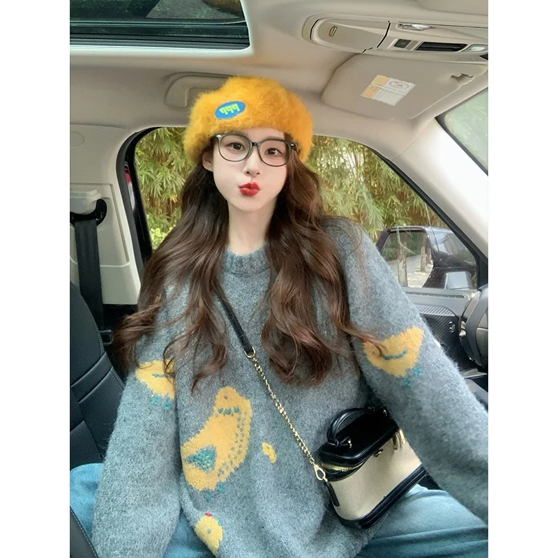 ay Cartoon Oversized Thiened Lazy Sle Retro Loose Women's Knitted Sweater Autumn Winter New Arrival Versatile Comfortable