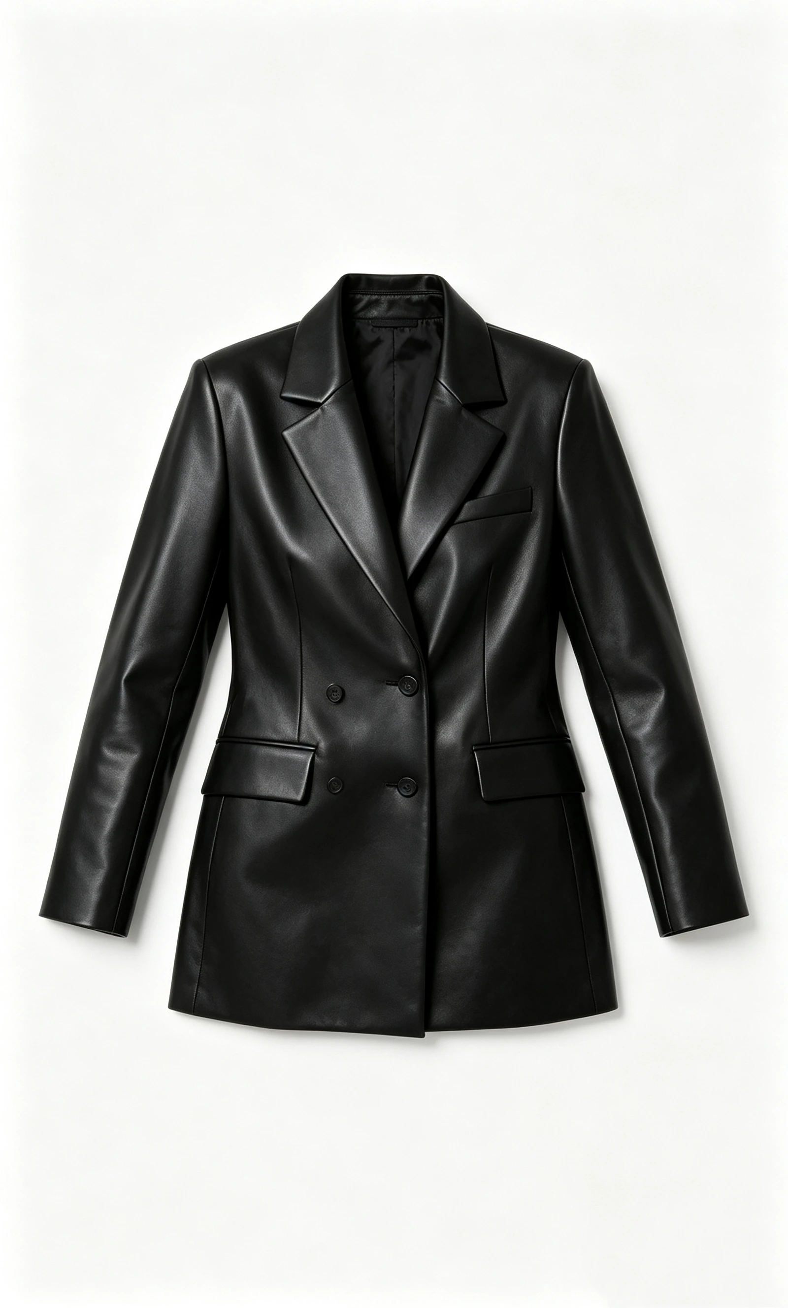 Women's Double-Breasted Faux Leather Blazer with Peak Lapel and Longline Fit