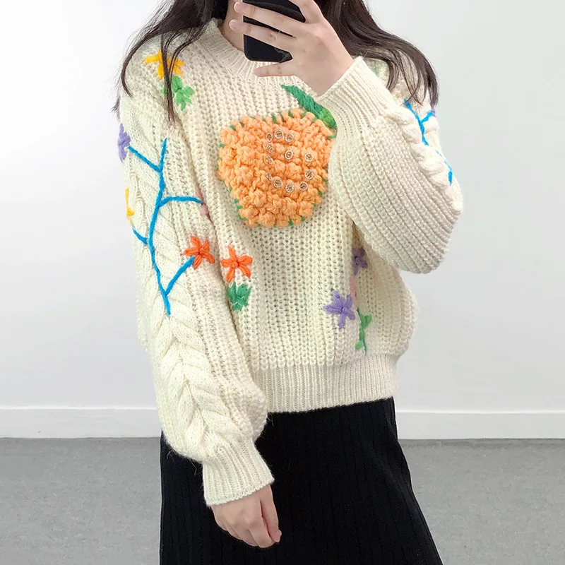 2025 춘추 중공업 파인애플 크로셰 자수 여성용 풀오버 루즈 스웨터