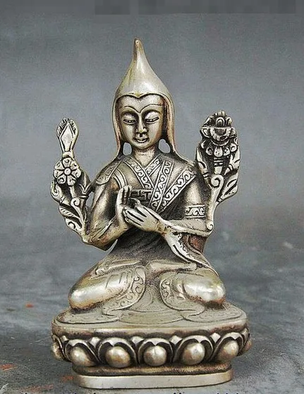 Tibetan Buddhism Temple Fane Silver Evil Guard Je Tsongkhapa Buddha Statue