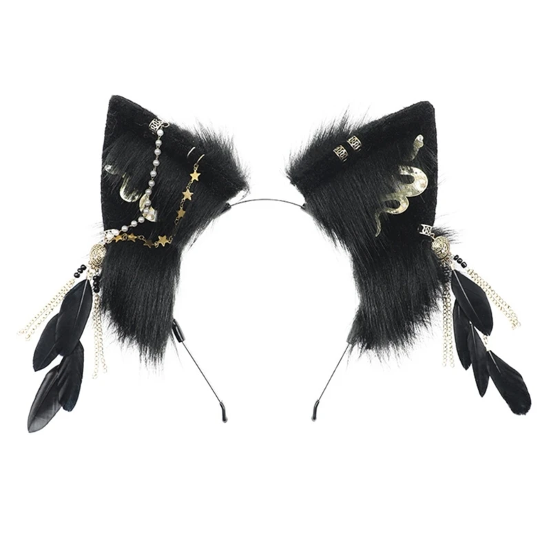 

Wolf Ear Headpiece Plush Headband Black Hair Accessory Feathers Tassel Dropship