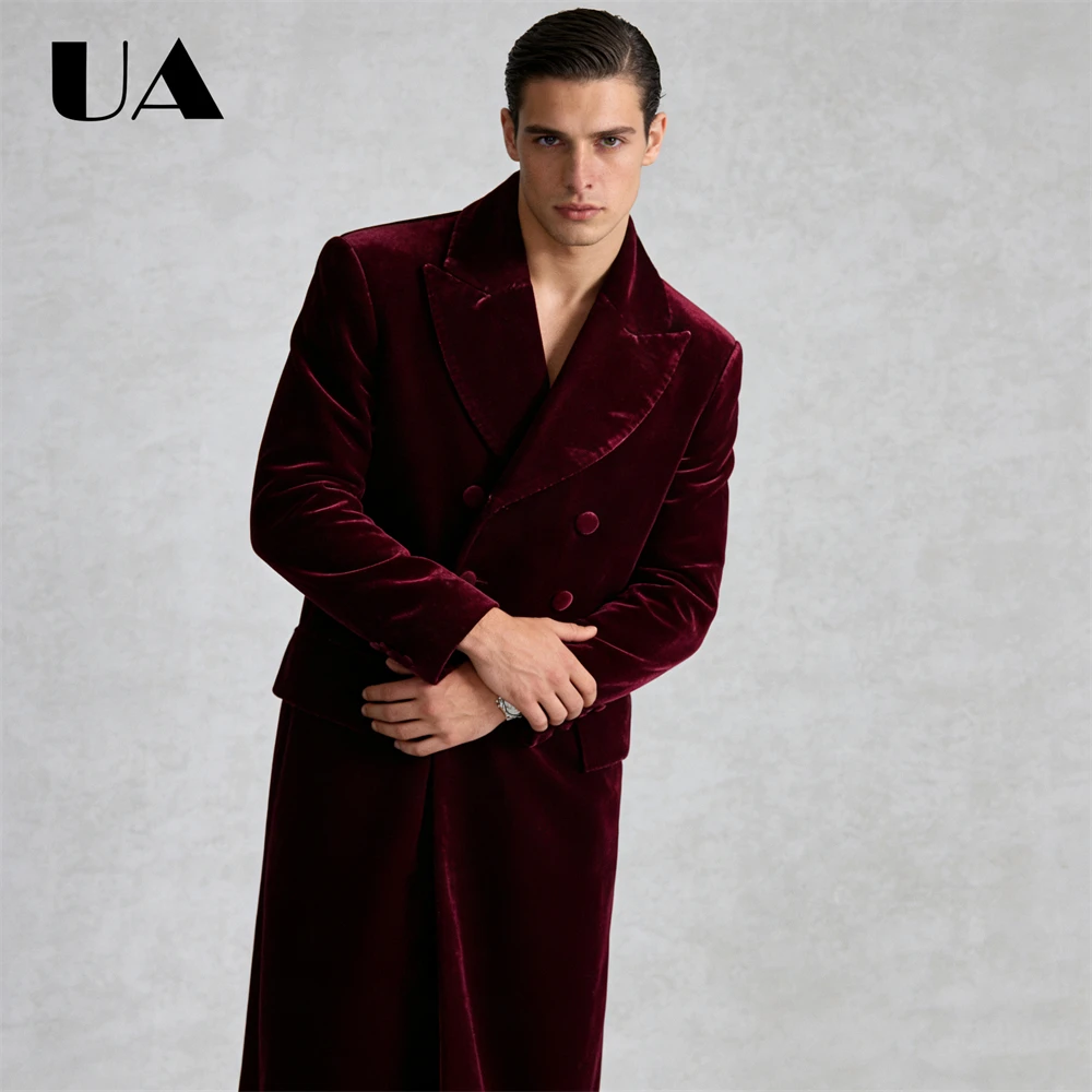 ULBYANRY Cappotto da abito in velluto da uomo di lunghezza extra Cappotto lungo doppiopetto Giacca da abito formale da spettacolo autunnale