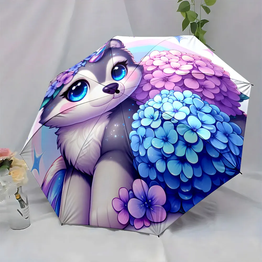 1PC Cute Unicorn Husky Design Umbrella with Floral Pattern Print 8 Iron Ribs Folding Umbrella Auto-Open Fashion Sunshade