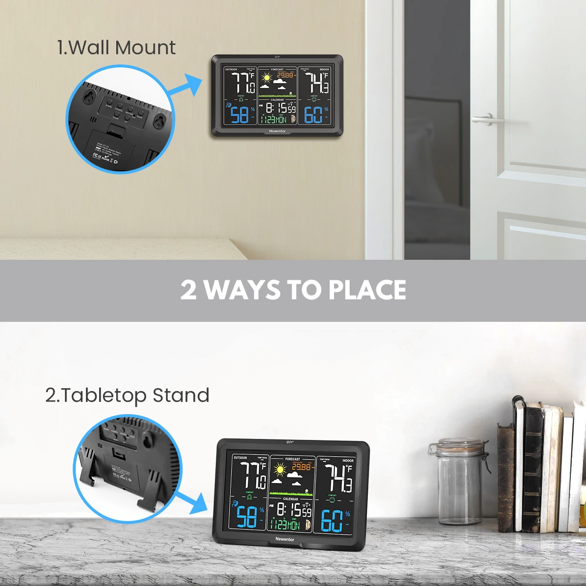 شاشة ملونة كبيرة للمنزل داخلي/خارجي Q7 مقياس حرارة الرطوبة مع توقعات أو جدار جبل أو محطة الطقس حامل الطاولة