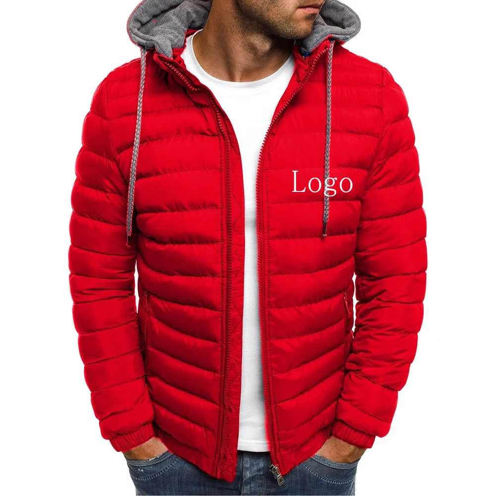 Custom LOGO Men Jacket Brand Winter Warm Zipper Hooded Pocket Fashion Casual Streetwear Windproof Male Cotton-Padded Coat S-3XL