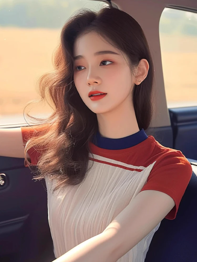 

Sli round Ne ort Sve Color Blo Slim Fit Top Корейский Sle Commute Faion Повседневная свободная футболка pe Base irt