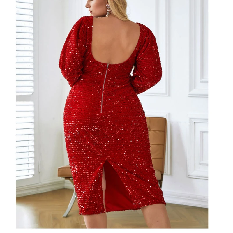 Mikydely Sexy Plus-Size Long-Sleeved Dress Temperament Backless Sequin Dress Oversize