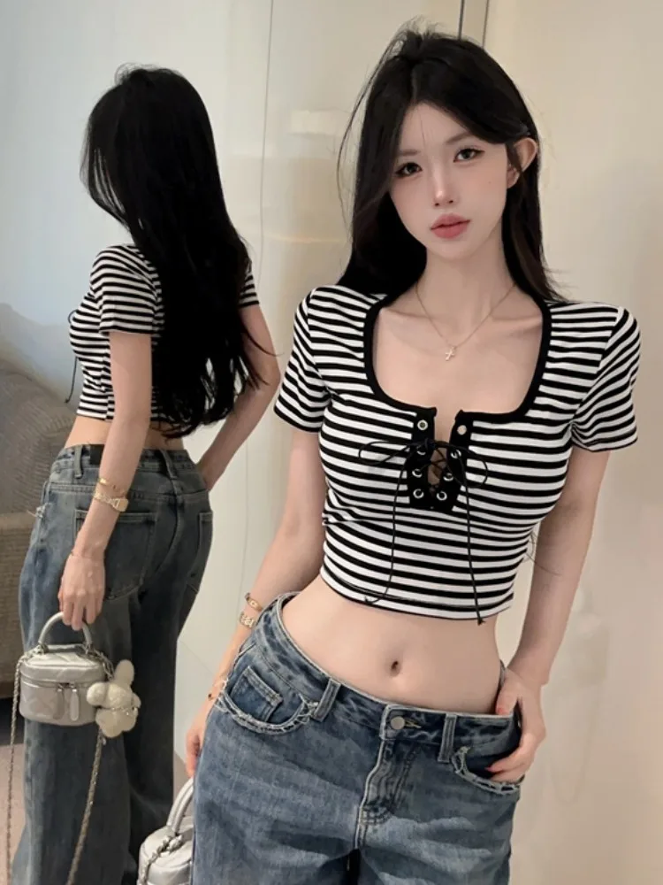 

Sexy American Style Short Sleeve T-Shirt Women's U-Neck Knot Shoulder High Waist Breathable Knitted Summer Top Fashion Trend