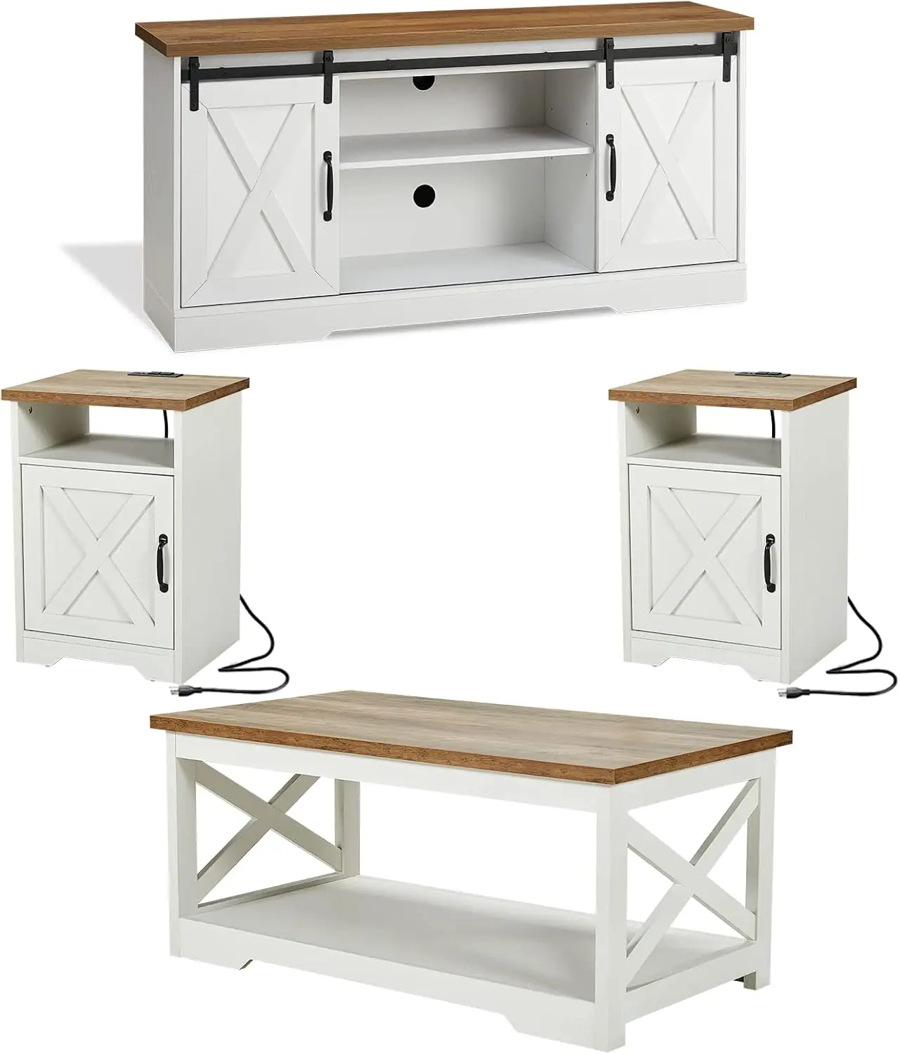 AMERLIFE 4-Piece Farmhouse Table Set Includes Sliding Barn Door TV Stand, Coffee Table& Two End Tables, Side Table with Charging