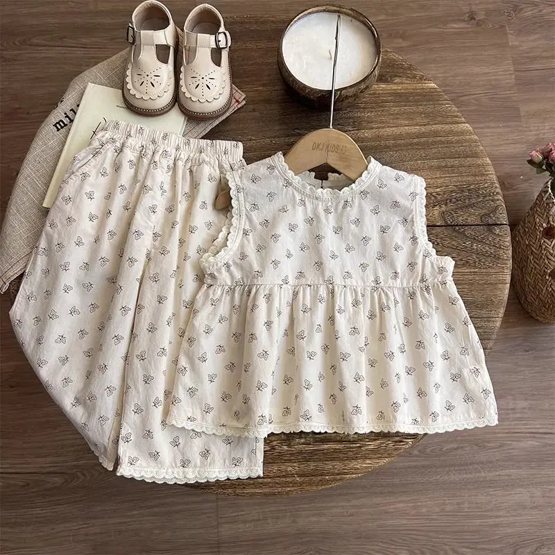 Girls' Summer Dress Set Stylish 2025 New Collection Children's Girl Clothes Baby Girl Wide Leg Pants Two Piece Set