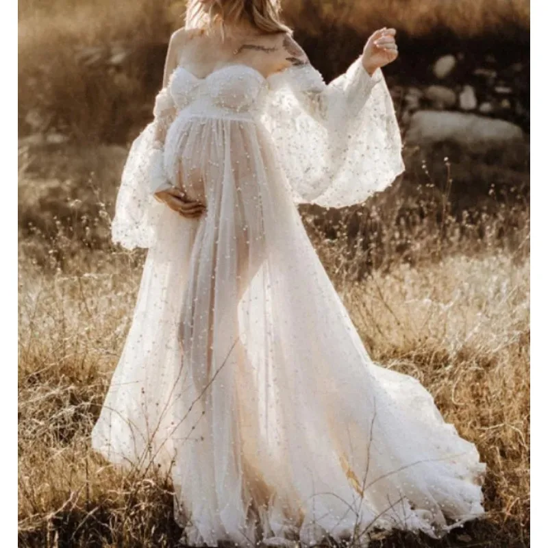 Maternity Photography Props Dress Dense Pearl White Yarn Maternity Photography Clothing Babyshower Gown Photo Shoot Pregnant