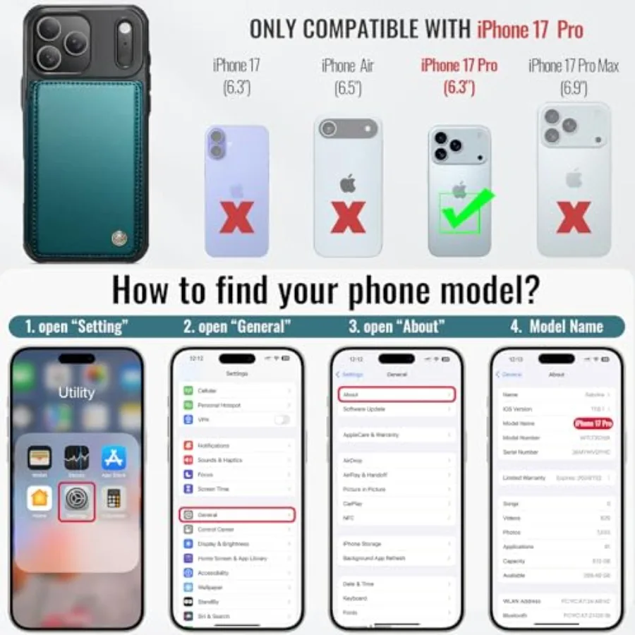 حافظة محفظة كلاسيكية باللون الأخضر الزرقاء مع فتحات بطاقة حجب RFID ومسند لهاتف iPhone 17 Pro 6.3 واقي مقاوم للصدمات C