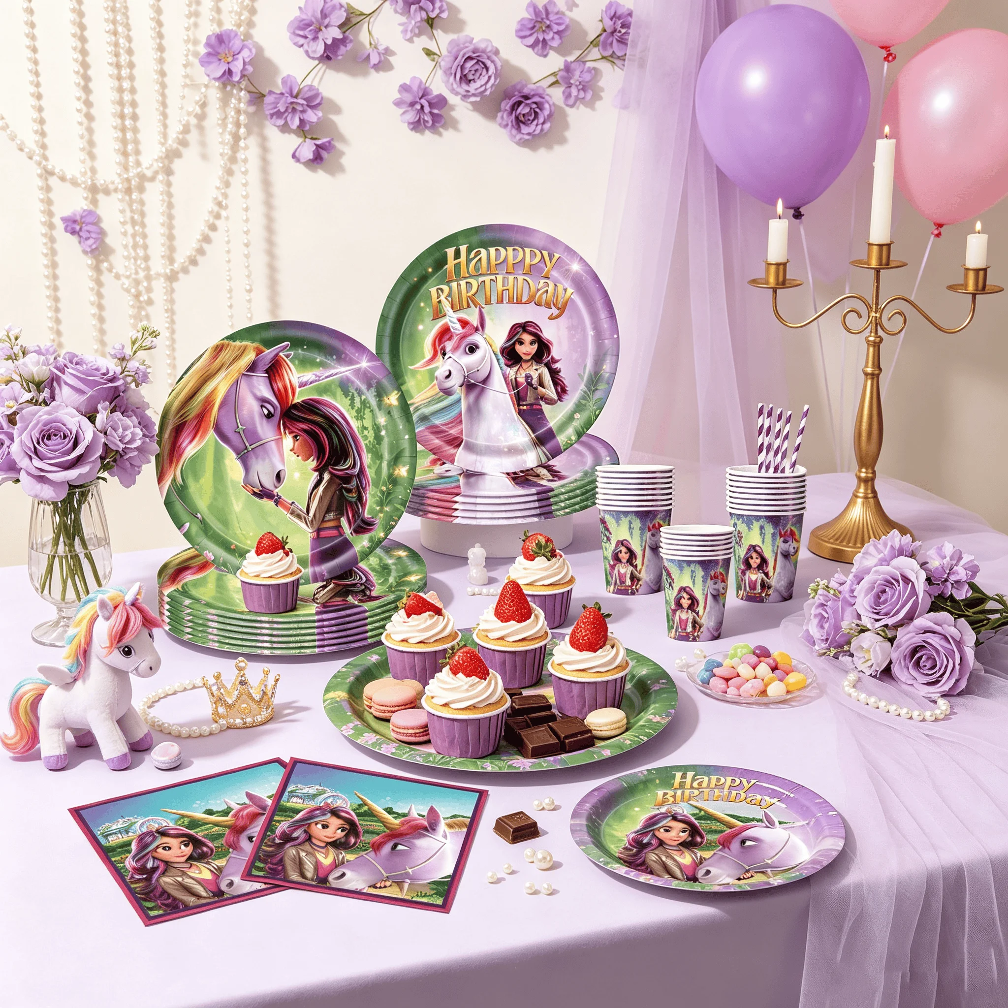 Unicorn Academy Birthday Party Decor Disposable Tableware Set Paper Plates Cups Napkins Tablecloth Straws Kids Party Supplies