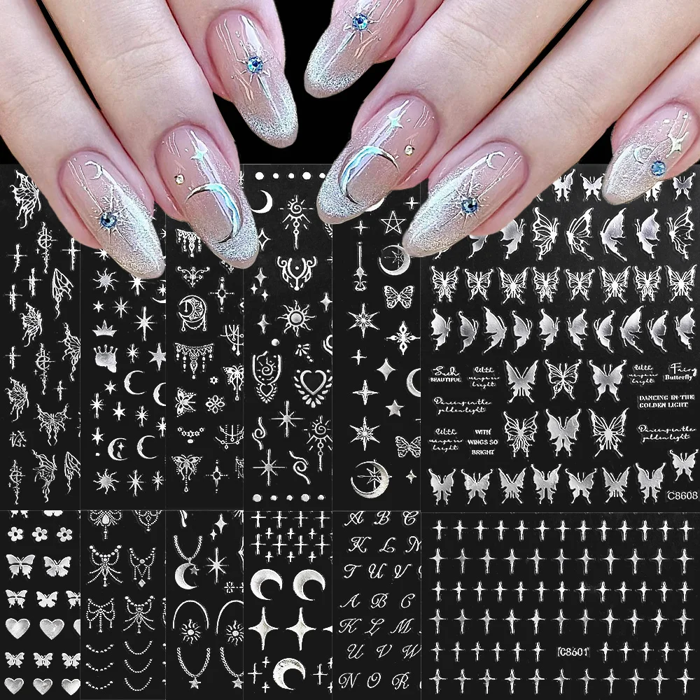 12pcs 3D Gold Silver Star/Sun/Moon/Butterfly Bronzing Nail Art Sticker 8*10cm Cute Love Heart Moon Star Design Adhesive Sliders