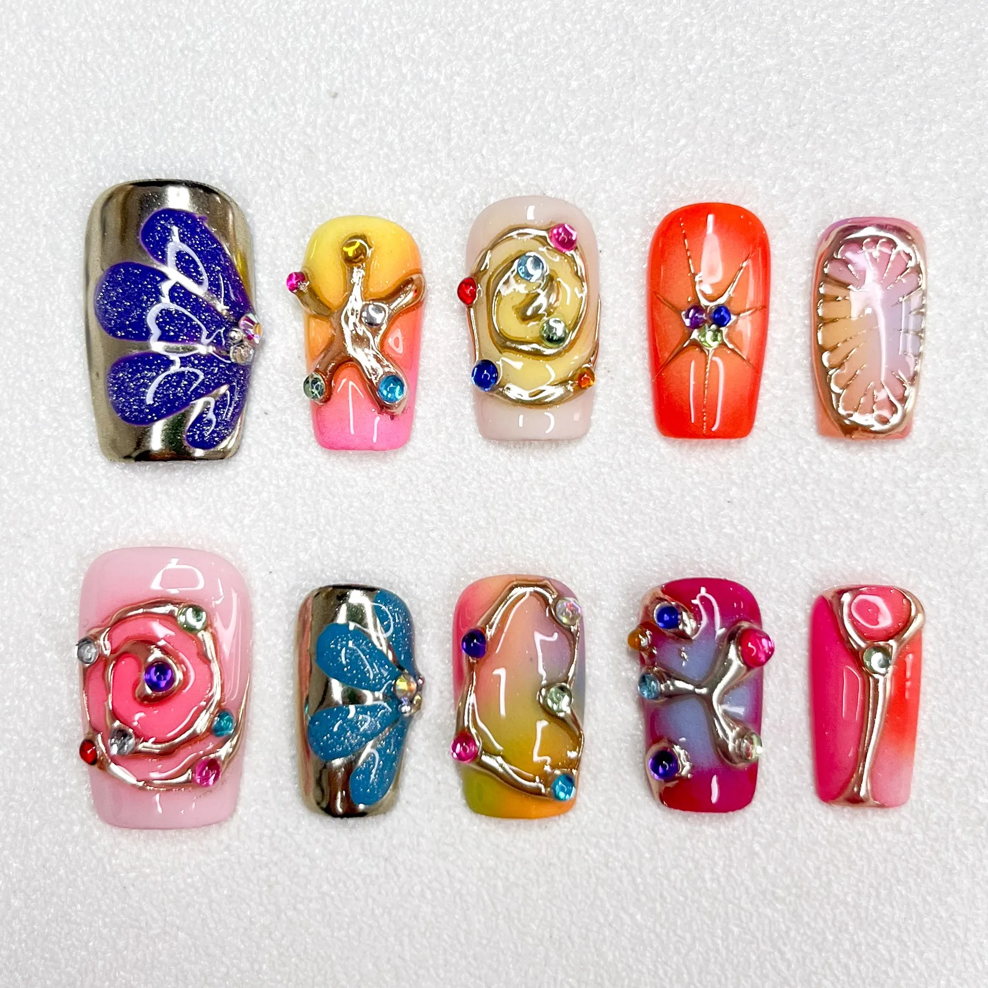 New Trapezoidal Style Manicure Handmade Fake Nails Press on Nails Metal Relief Personalized Manicure Gradual Change Multicolored