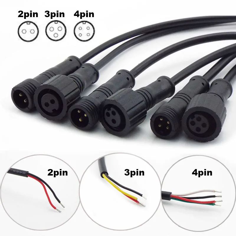 2Pin 3Pin 4Pin 3A Power Cable  Male Plug Female Jack Adapter Connector Wire 500V Connector Cords IP65 Waterproof D5
