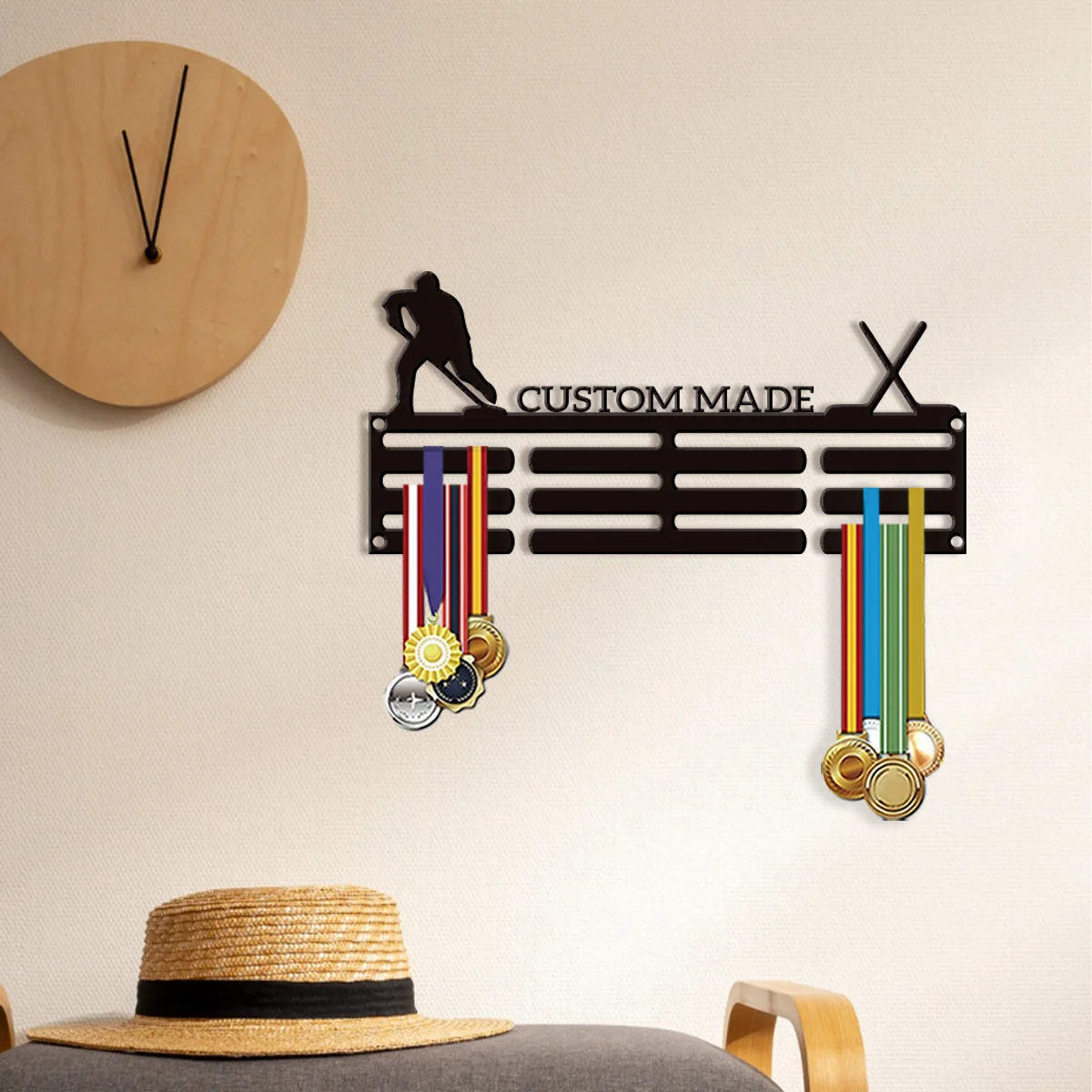 A minimalist style customization ice hockey player Medal display rack wall mounted trophy rack can accommodate 70 medals with m