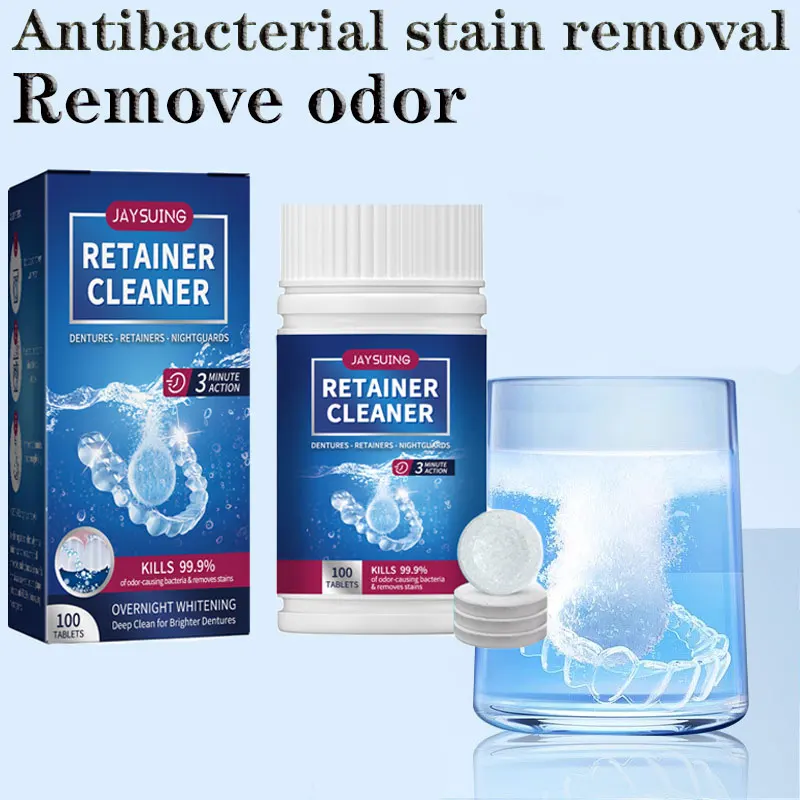 Denture Cleansing Tablet 100 Tabs Cleanser  Whitening Remove Bad Odors Oral Cleaning Care Fresh Breath Cleaning Stains