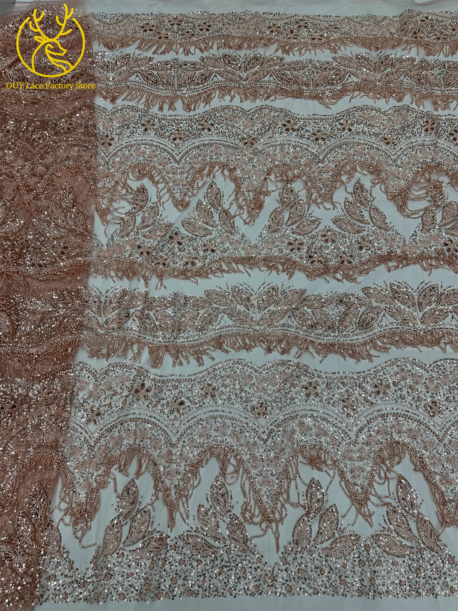 Goldener 3D-Hängeperlen-Spitzenstoff, hochwertiger afrikanischer Spitzenstoff, luxuriöser französischer Tüll mit Pailletten für Hochzeits- und Partykleider – Detail 23