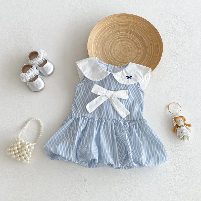 

2026Summer girls' French collar blue striped dress, baby girl's stylish and sweet floral dress