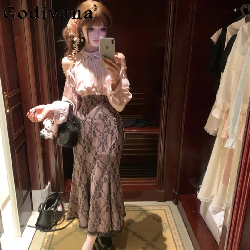 

Clear Elegant Pink Purple Lace Dress for Girls Autumn Long Sleeve Lolita Style Sweet Dress Women's Off Shoulder Princess Dress